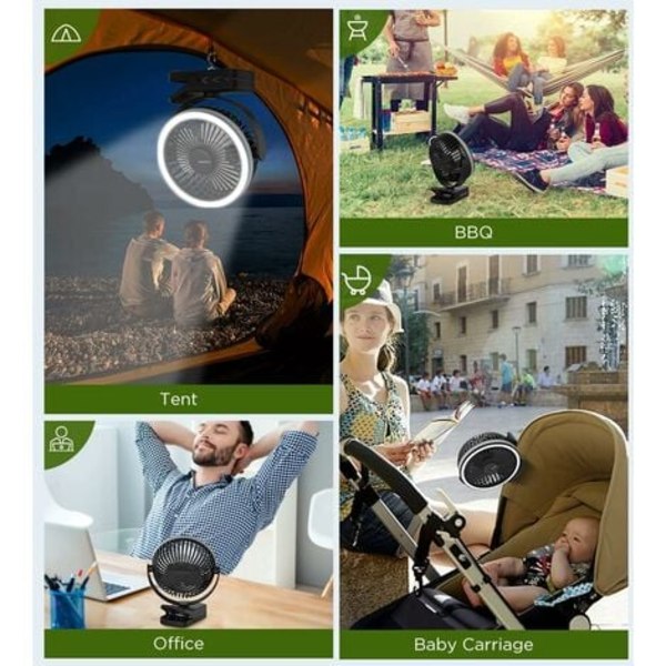 TS-Leirintäpuhallin Klipsipuhallin USB 6-21 tuntia käyttöaikaa 4 nopeutta LED-valoilla ja telttakoukulla 360° kierto Hiljainen Recha