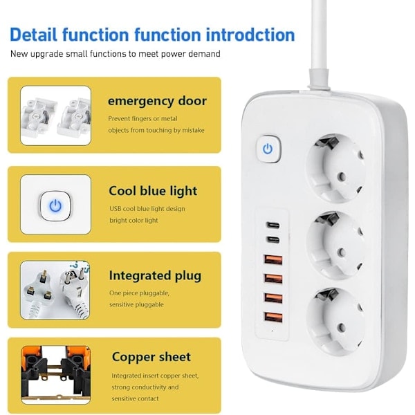 Grenuttag med USB, 3-vägsuttag med 5 USB-portar och 1 USB-C för skrivbord med strömbrytare, 2 meter förlängningskabel, adapter