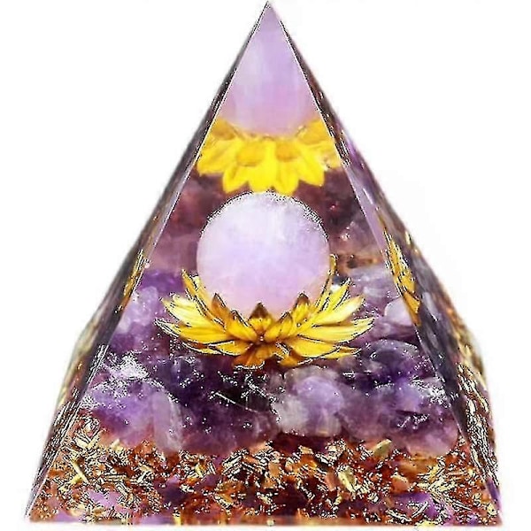 Orgonpyramide i Ametyst, Orgonitpyramide 60mm med Ametyst Naturkrystal, Orgone Energi Pyramide, Reiki Krystal Chakra EMF Beskyttelse Healing