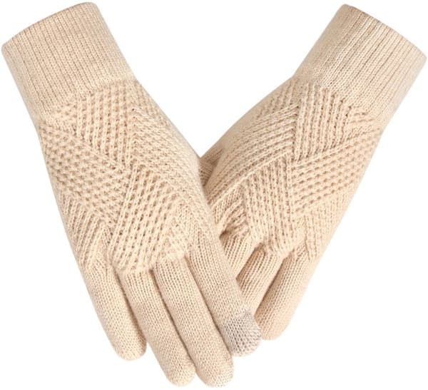 Vinterhandsker til kvinder, varme strikkede, fleeceforede, touchscreen-design med to fingre, til vintervandring og kørsel, beige, one size