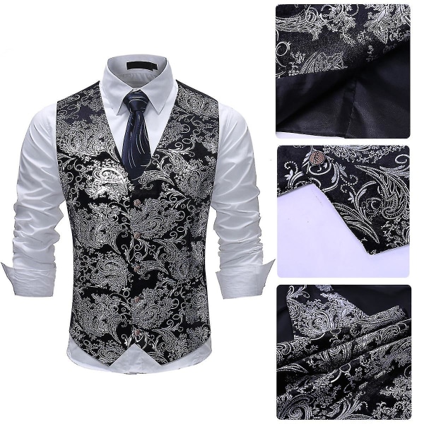 Herr kostymväst V-ringad printed Business Casual Guld Silver Väst 6 färger Black Silver XL