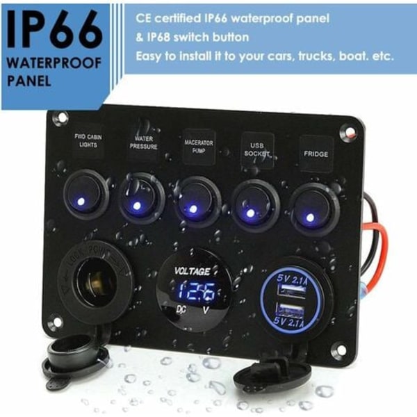 TS-12V Marine Kontaktpanel, 4.2A USB-opladerport + Cigarettænderstik + Voltmeterdisplay, IP65 vandtætte vippekontakter