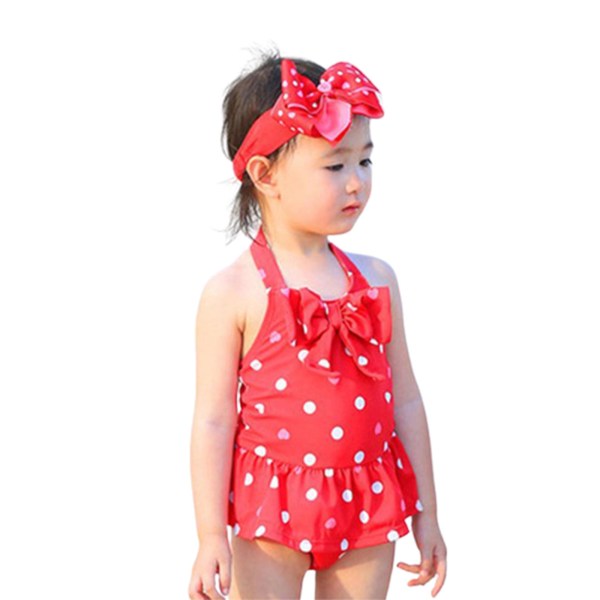 Barn Baby Flickor Polka Dot Grimma Badkläder Rosett Baddräkt i ett stycke + Pannband Set Strandkläder Red 5-6 Years