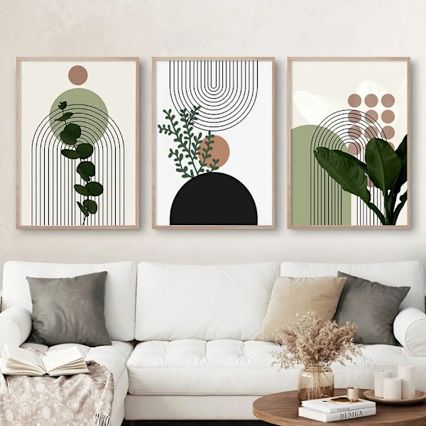 Målningar 3st Modern Abstrakt Gröna Växter Blad Sol Linjer Vägg Boho Konst Canvas Målning Affischer Tryck Bilder Vardagsrum Inredning Gåvor 230707
