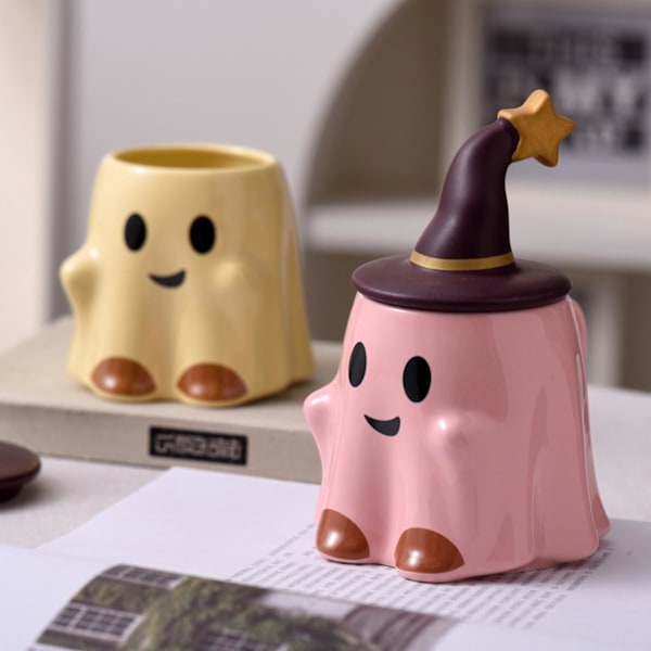 Halloween Spøkelses Keramikkopp, Nyhet Te-kopp, 401-500ml Halloween Kaffekopp med lokk - Vennlig Spøkelse (Rosa)
