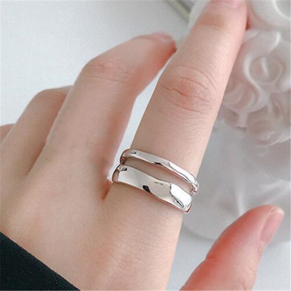 Dubbelrad Geometrisk Justerbar Ring Trendig Elegant Twist Två Cirkel Ringar för Kvinnor Par Enkel Silver