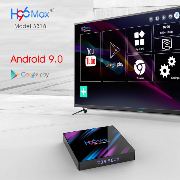 Android 10.0 H96 Max TV Box 4GB RAM 32GB ROM, Penta-Core Mali-450, RK3318 Quad-Core 64bit Cortex-A53, H.265 Avkodning 2,4GHz/5GHz WiFi Smart TV Box EU 4GB/64GB