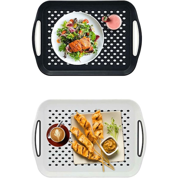 Sort + Hvid, Sæt med 2 Store Skridsikre Serveringsbakker - 32cm x 45cm x 4.5cm - Plastbakke - Madbakke - Tebakke - Middagsbakke