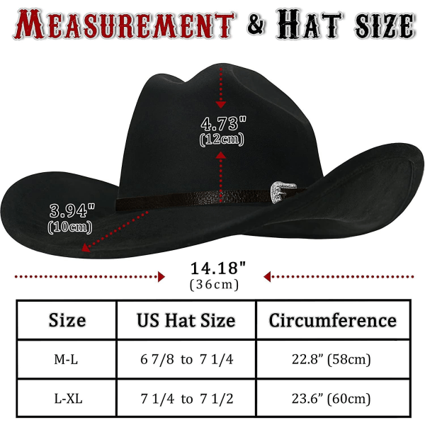 Cowboyhat til Kvinder og Mænd med Formbar Bred Rand - Filt Cattleman Western Hatte Raven Black S M