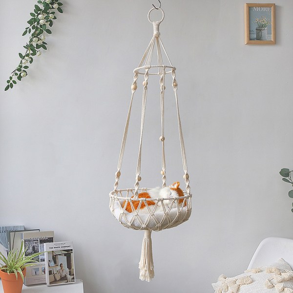 Macrame Katt Hängmatta Hängande Husdjurssäng Boho Gungbo Vävd kattkorg Hemdkor（1 stycke，vit）