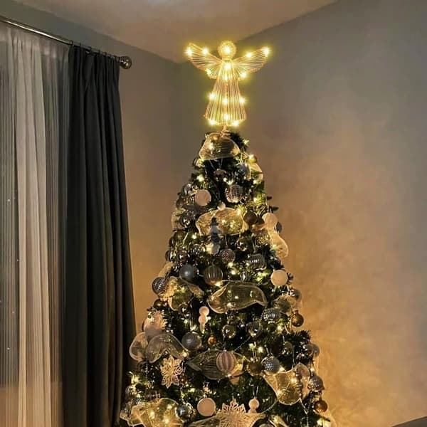 Juletræsstjerne Engel Guld med LED-lys og Glitter, Julepynt til Gran og Fest