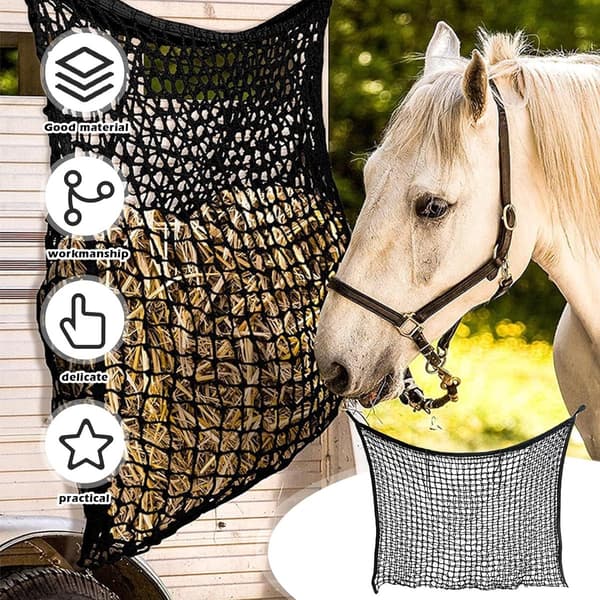 Hönät med långsam utfodring, kraftigt knutfritt polyesterhängnät för hästboxar, släpvagnar, stall, svart 120 x 90 cm