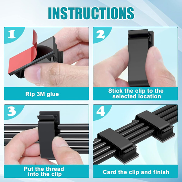 10 stk selvklebende, håndterings-, støtte-, holdbare håndteringsklemmer, for TV, PC, bærbar PC, Ethernet-kabel, hjem, kontor, (svart)