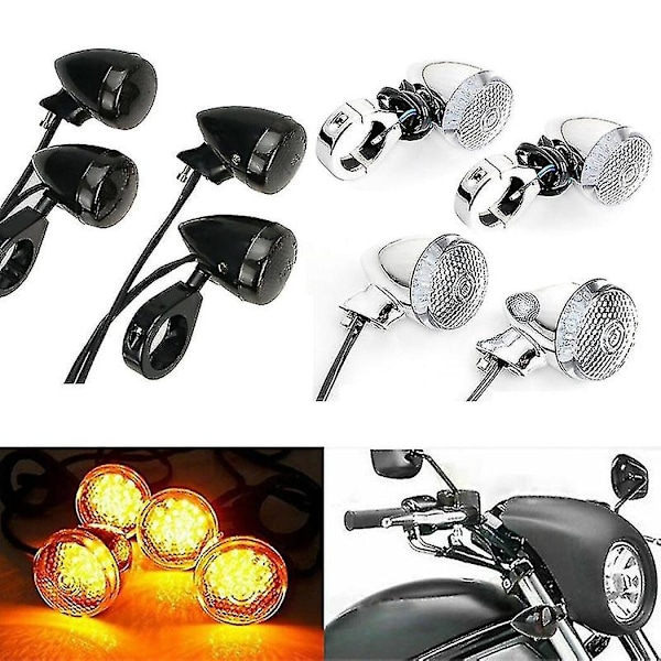 4 stk LED-blinklys til motorcykel, krom og sort hus, 41 mm, med for- og baggaffelklemme