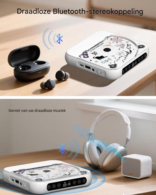 Bærbar Bluetooth CD-spiller med USB C hurtiglading, MP3 WMA-støtte for reise og hjemmebruk, hvit