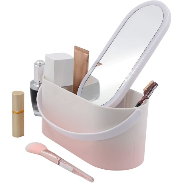 Makeup Organizer Box med spegel och LED-ljus Bärbar Resesmink Kosmetika Organizer med Touch Light Pink White