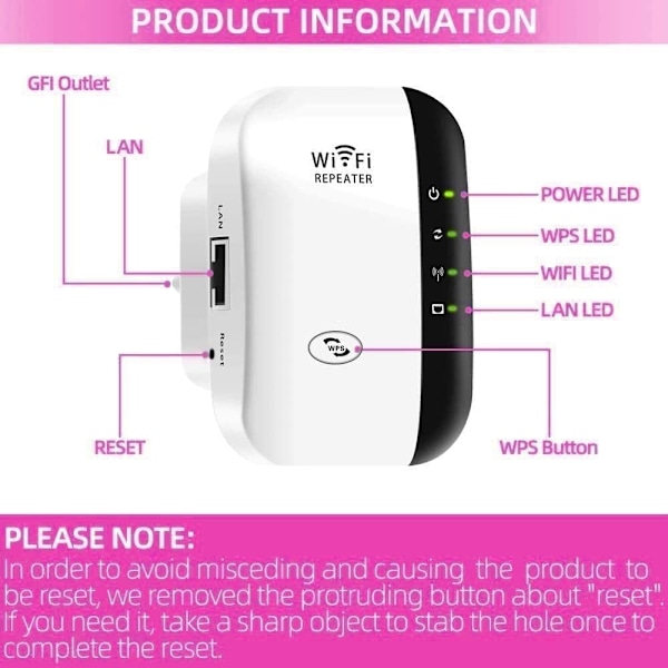 Repeater, WLAN-forsterker 300 Mbit/s 2,4 GHz WiFi-dekningsutvider, F