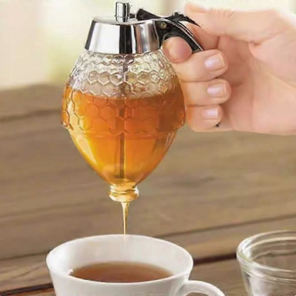 Honningdispenser med stativ, drypfri honningkrukke - Lønsirupsdispenser, trykbar honningkrukke, kreativ drypfri transparent tudkrukke dispenser, bekvem