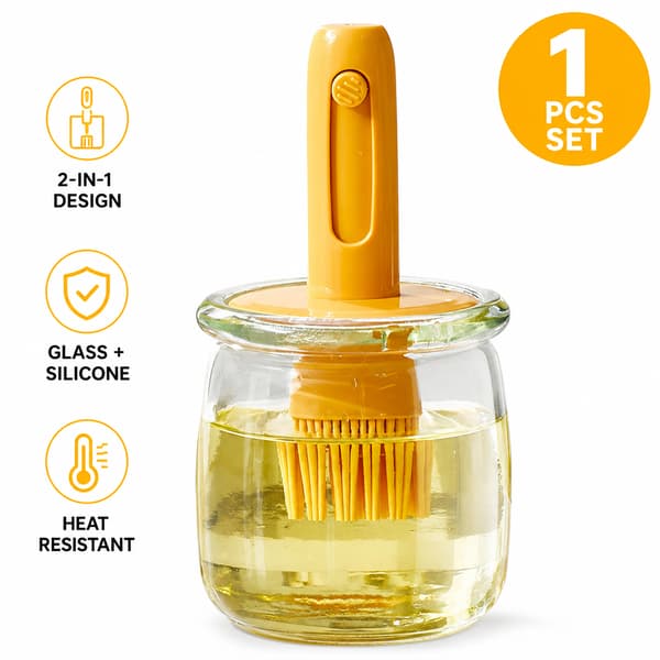 2-i-1 Oljedispenser i Glas med Silikonborste, Orange Burk för Stekhäll orange color