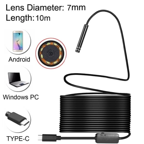 TS-USB Typ-C -tarkastuskamera 7 mm:n sensorilla ja 10 metrin kaapelilla – IP67, 8 LED, Android/PC