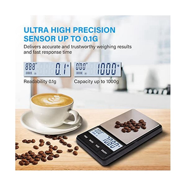 TS-Small Espressovægt med Timer 1000g X 0,1g, Vægte med Lysstærkt Baggrundsbelyst LCD-Display, 2 Batterier