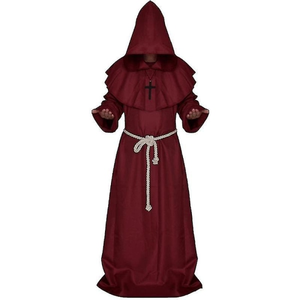 Män Munk Hooded Robe Kappa Cape Friar Medeltida Präst Cosplay kostym Red S