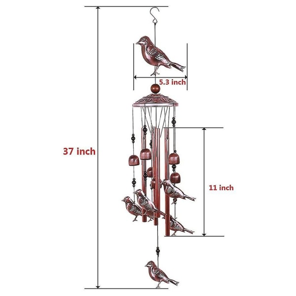 Fågel vindspel metall med 4 aluminiumrör 6 klockor för hemmet
