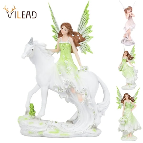 VILEAD Resin Engel Fe Figur Unicorn Horn Blomster Fe Hage Statue Hest Miniatyrer Moderne Dyr Hjem Dekoracion Hogar 210811