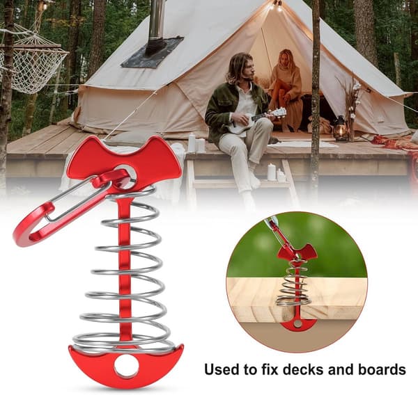 Fiskbensformade däckankare, aluminiumlegering och rostfritt stål med fjäderspännen, 4 karbinhakar, för camping, röd, 4-pack