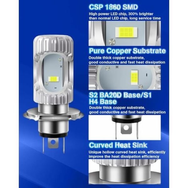 TS-2 stycken HS1 H4 Glödlampa Motorcykelstrålkastare CSP 1860 SMD PX43t 35/35W Helljus/Halvljus 2000LM 6500K DC 9-80V