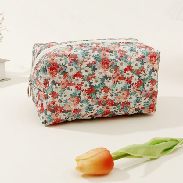 Blomstermønstret Puffet Quiltet Makeuptaske Stor Rejsetaske Kosmetisk Taske RØD RØD RED