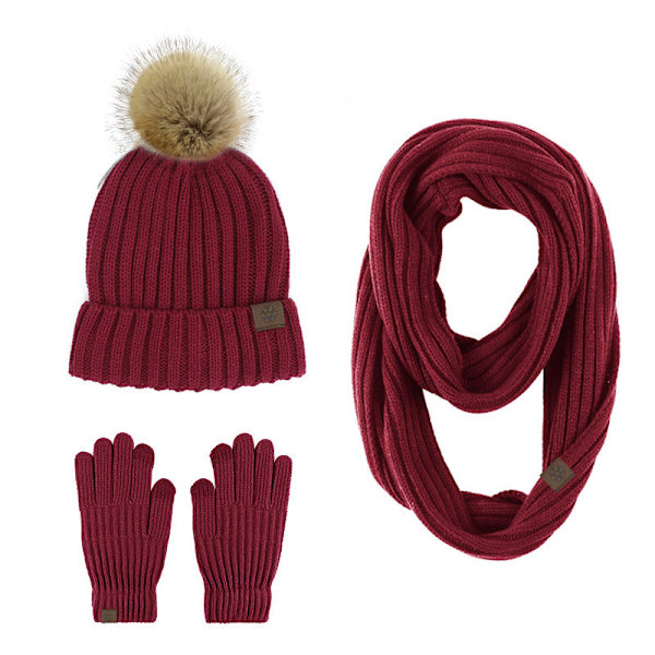 Neulottu pipo, huivi ja käsineet, kolmiosainen setti ulkoiluun, pitää lämpimänä Pink three-piece set