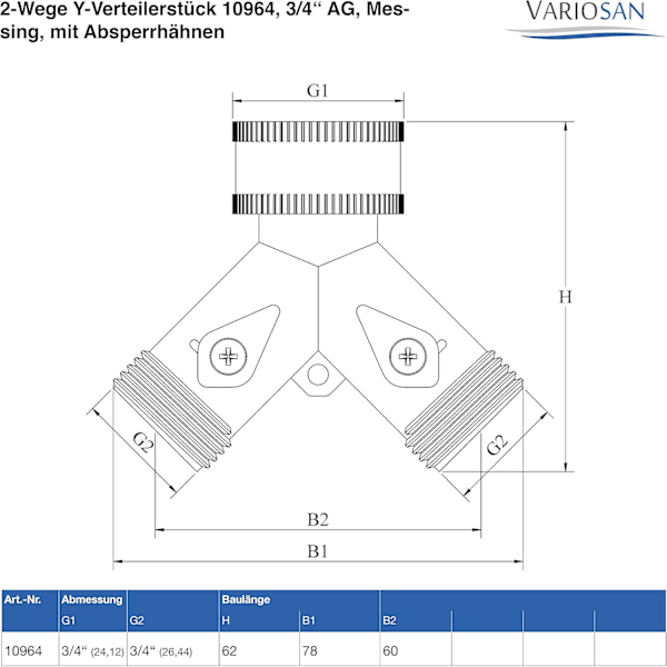2-vejs Y-fordeler, 3/4\" han, messing, med afspærringsventiler