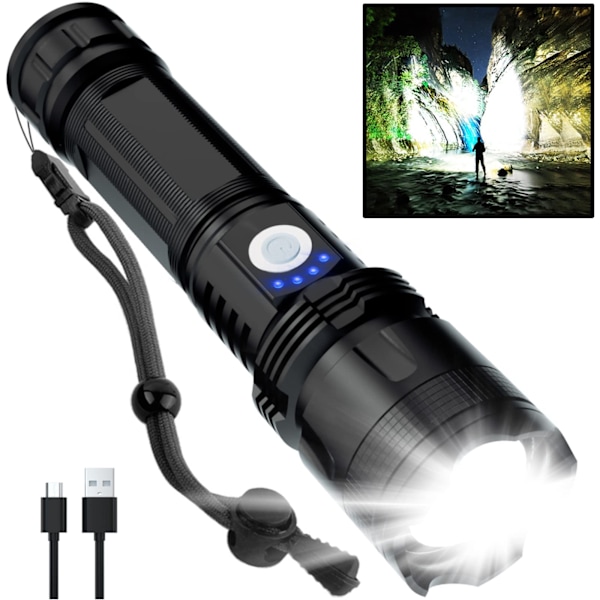 Laddningsbara LED-ficklampor med höga lumen, P50 ficklampa med teleskopisk zoom och smart elektronisk display, Vattentät ficklampa