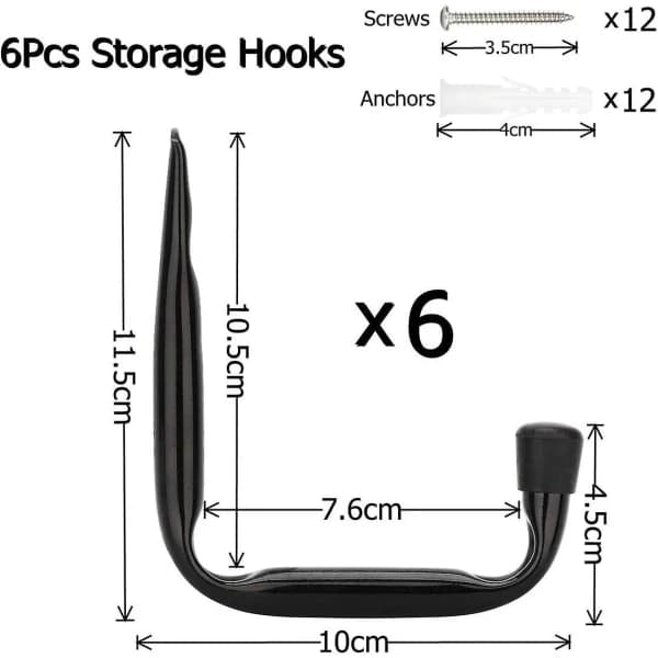 6-pack kraftiga förvaringskrokar för garage - 11,5 cm x 10 cm