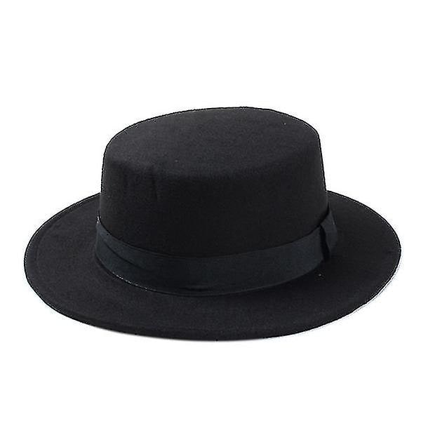 Ny Trendig Ullgrå Pork Pie Båtsman Flat Top Hatt med Filt i Svart