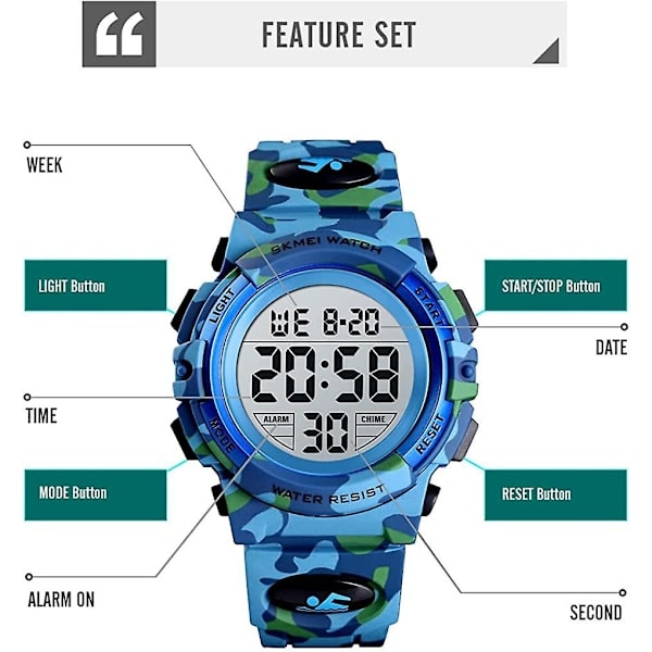 Børneur Digital Sport Vandtæt Elektronisk Børneure Alarm Ur 12/24 H Stopur Kalender Dreng Pige Armbåndsur