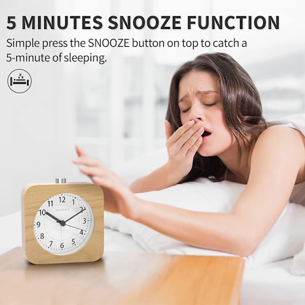 Træ Vægur, lydløst vækkeur uden tikken med snooze-funktion, natlampe, rejsevækkeure i træ batteridrevet til soveværelse 1 AA-batteri R