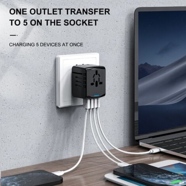 TS-Universal Internationell Reseadapter med 3 USB och 1 Type C, 1500W, Uttag Frankrike till USA Kanada Storbritannien EU Australien Kina Japan