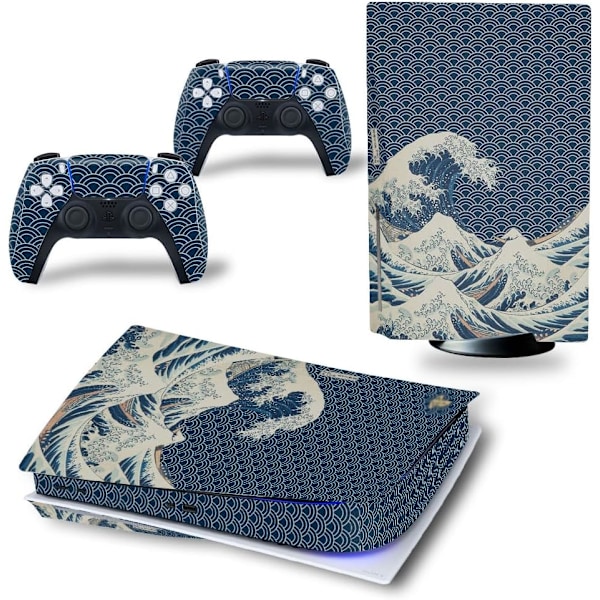 Hudstickers for PS5 Disc Edition-konsoll og trådløse håndkontrollere, heldekkende beskyttende hudvinyldekal for PS5 Disc Edition (Blå havbølge)
