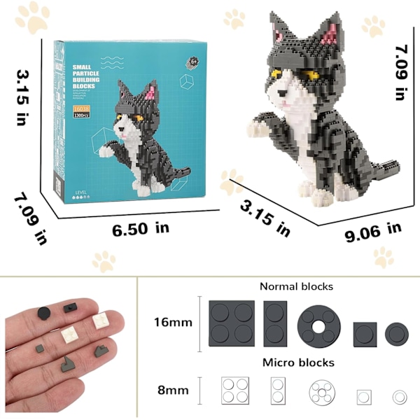 Katt Mini Byggeklodser Sødt Dyrsæt til Godteposer, 1300 stk. Mikro Mini Byggelegetøj DIY 3D Mursten Kit til Voksne Børn, Julefødselsdagsgave