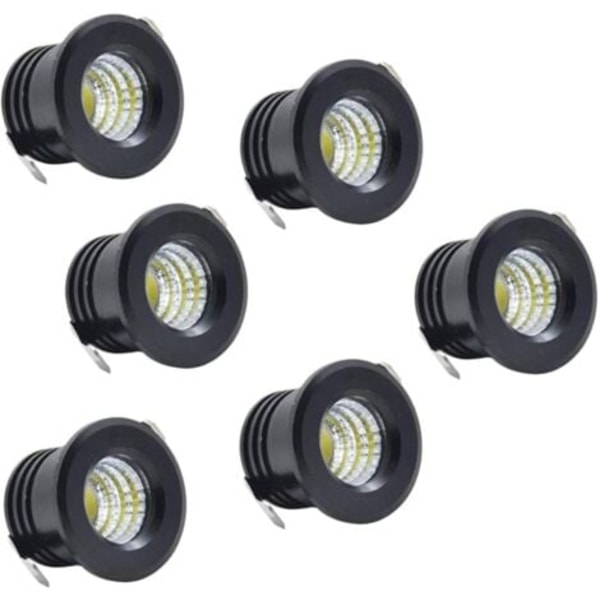TS-Sæt med 6 Mini LED Indbygningsspots til Loft, Sorte Mini LED Spots til Skabsbelysning, 3 W, Varm Hvid