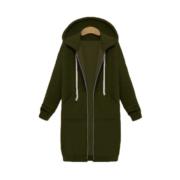 Damejakke med lynlås foran i fleece, lang hættetrøje i plusstørrelse Army Green M