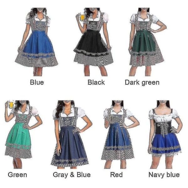 Ny dam Dirndl - Traditionell bayersk klänning för kvinnor, ölflicka-klänning, blus och förkläde - Blå, M