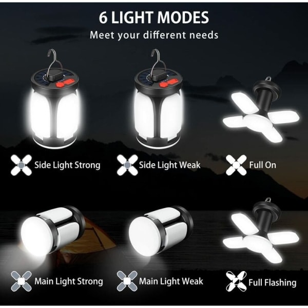 3600mAh LED Aurinkokennolamppu Retkeilyyn USB Ladattava Lyhty, 6 Tilaa SOS Vedenkestävä Kannettava IP67 Vedenpitävä Retkeilylamppu Telttalamppu Ulkoiluun