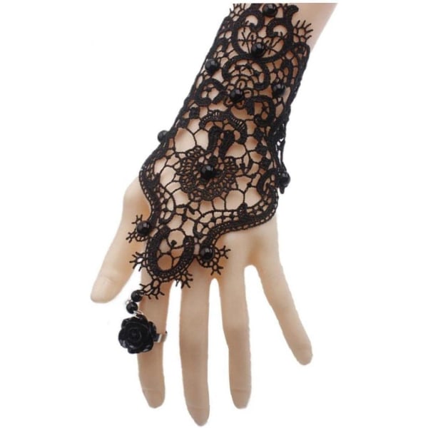 Svarta spetshandskar justerbara handgjorda brudbröllop spetsband armbandsring set för bruden brudtärna (svart) (1 st)