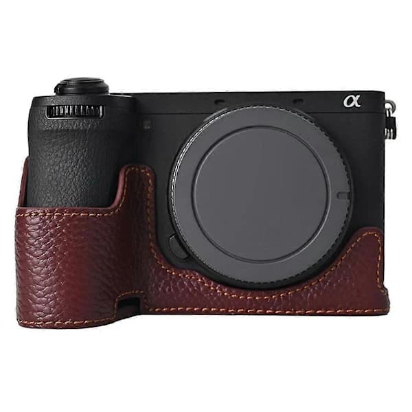 For Sony A6700 Camera Case Large Opening Genuine Leather Protective Cover with Wrist Strap