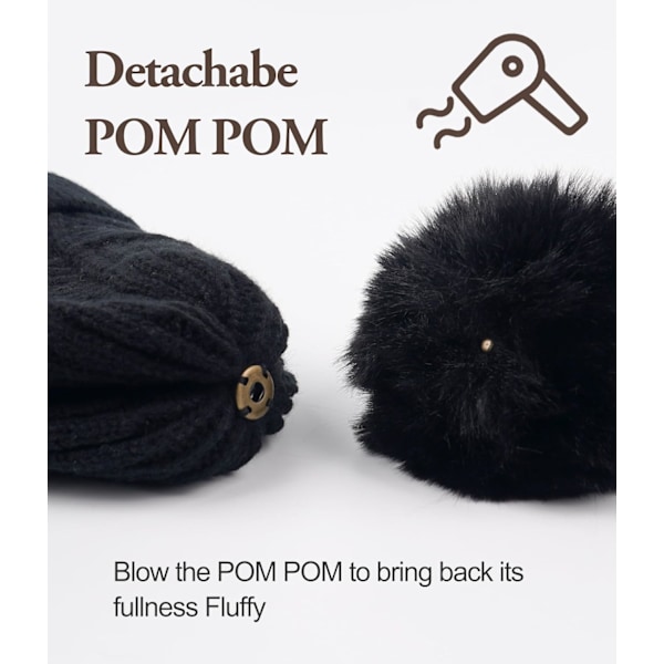 Naisten Beanie-pipo, Lämmin Talvipipo, Pehmeä Neulospiipo, Lämmin Fleecevuori, Irrotettava Pompom, Sopii Ulkoiluhuippuihin