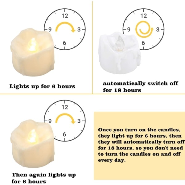 LED-ljus med timer, 12 LED-te-ljus, flamlösa ljus, äkta gnistrande vax elektriska ljus med CR2032-batterier, varmvitt