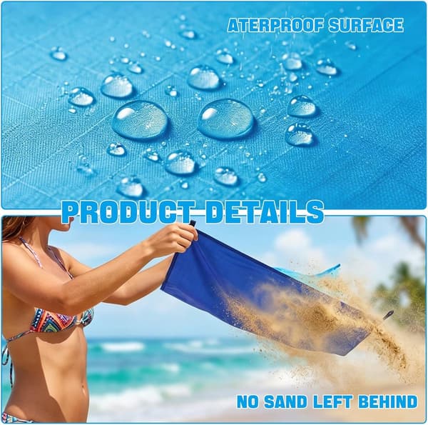 Sandfri strandteppe, vanntett polyester, sammenleggbart med plugger, karabinkrok og bæreveske for strand, piknik og camping, blå